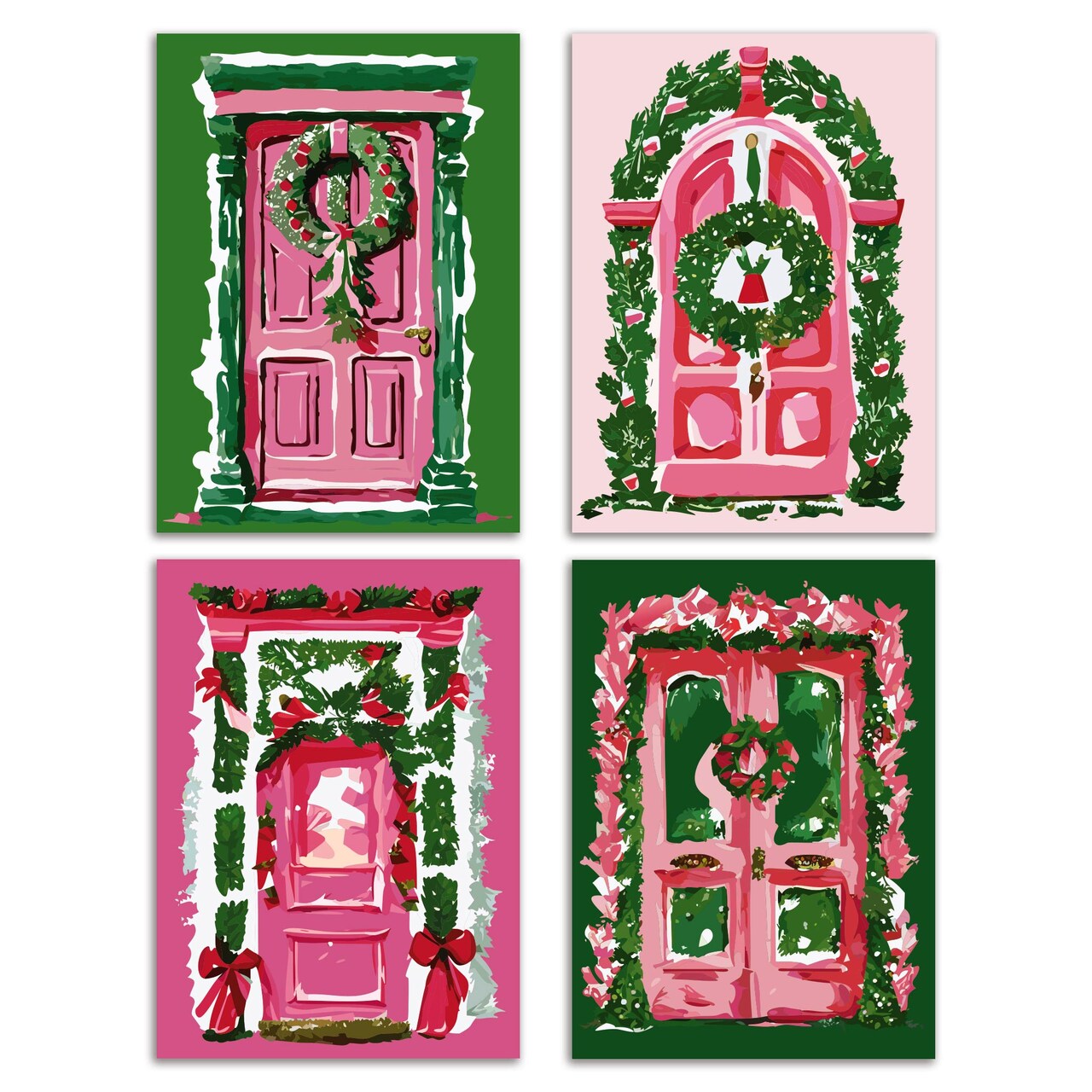 Home for the Holidays Christmas Cards - 24-Pack Greeting Cards with Quaint Pink and Green Door Designs, Perfect for Sharing Traditional Merry Christmas Wishes, Blank Inside for Personalized Messages - Cozy and Nostalgic Holiday Stationery Set